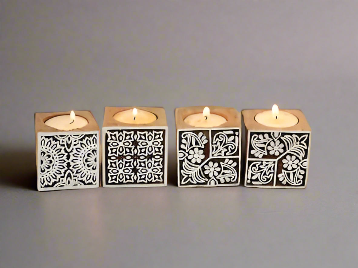 wooden square shape design tea light holder for diwali décor and gift item, set 10 pieces